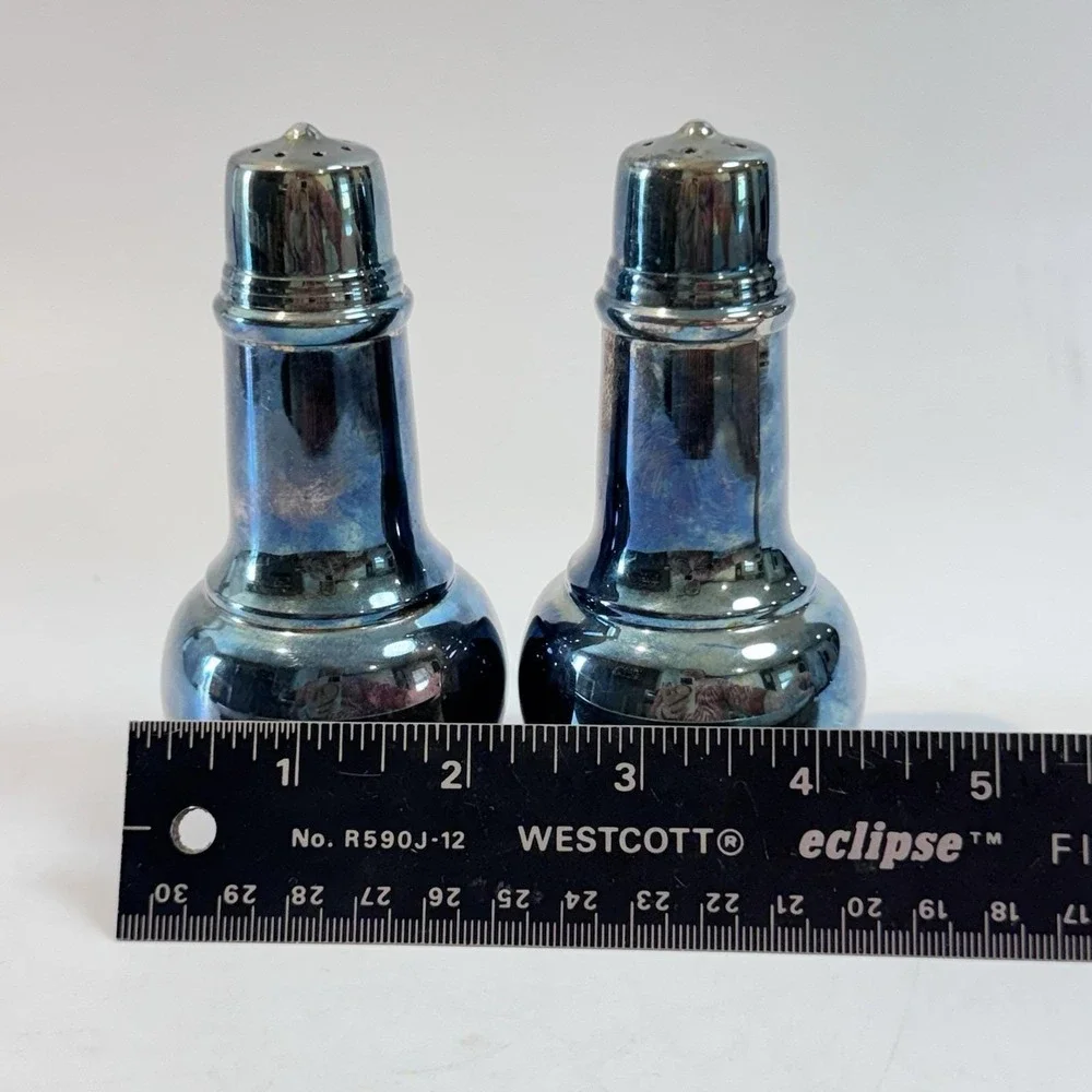 Vintage MCM Blue Lusterware Atomic Salt Pepper Shakers Iridescent Glaze‎